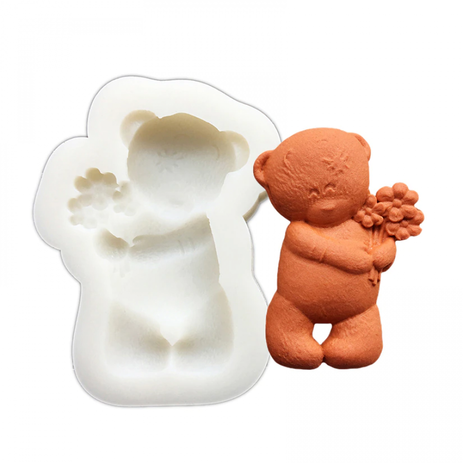 Small Teddy Bear Holding Flowers Silicone Mold - Mia Cake House